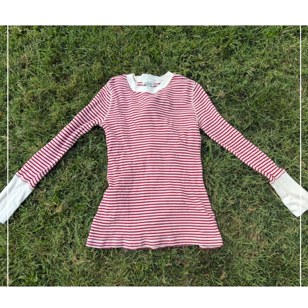 SUNDANCE made in PORTUGAL Red White Striped Thermal Top Button Cuff Cotton Small
